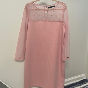 Soft Pink Dress with Mesh and Pearl Details